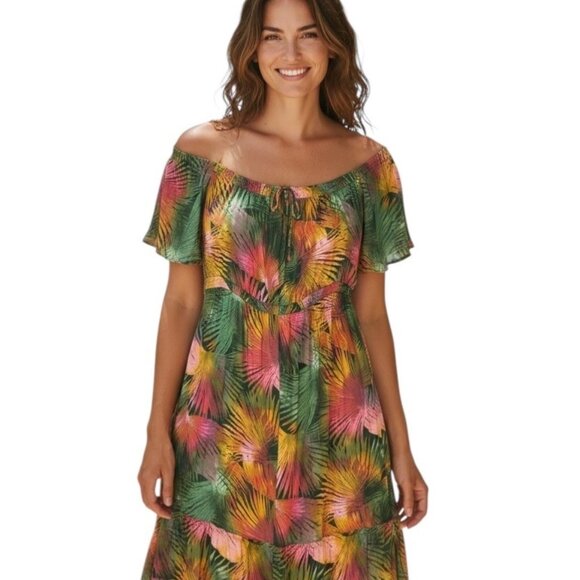 Terra & Sky Women's Off Shoulder Tropical Green Pink Maxi Dress Sz 2X  (20W-22W) - Picture 1 of 10